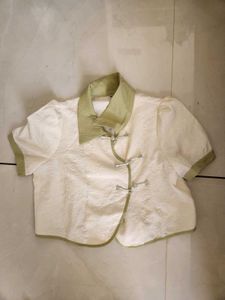 Cream Textured Blouse with Green Trim