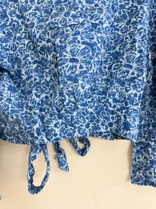 Blue Floral Tie-Front Cropped Blouse