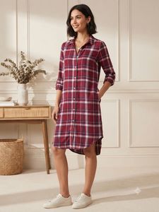 Red Plaid Button-Up Shirt Dress