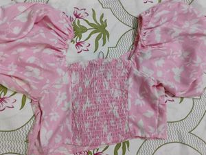 Pink Floral Puff Sleeve Crop Top