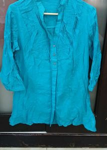 Turquoise Kurta with Pleated Neckline - S Size