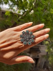 Boho Silver Coin &amp; Turquoise Ring