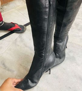 Italian Black Leather Pencil Over-the-Knee Boots