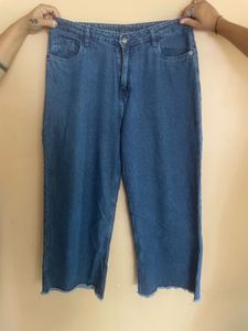 Blue Denim Wide-Leg Crop Jeans