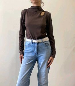 Brown Mock Neck Cutout Long Sleeve Top