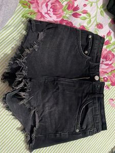 Distressed Black Denim Shorts