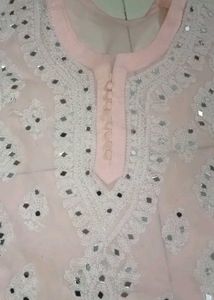 Chickenkari Mirror Work Pink And White Kurti Set