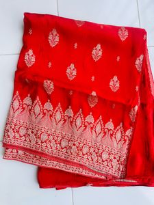Rust Red Banarsi Mashru Silk saree