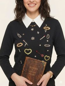 Embellished Black Top with White Collar