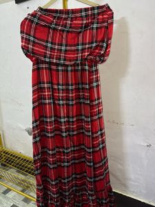 Red Plaid Strapless Wide-Leg Jumpsuit