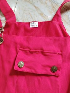 Pink Overalls Dress with Striped Top Set