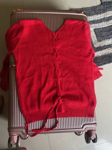 Chic Red Ribbed Bell Sleeve Sweater