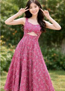 Pink Floral Cutout Maxi Dress M-SIZE