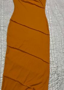 Orange Strapless Bodycon Midi Dress