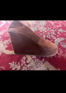 Brown Suede Peep-Toe Wedge Heels