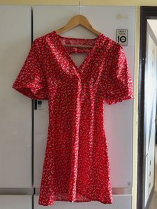 Red Floral Mini Dress with V-Neck
