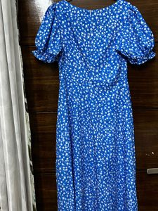Blue Floral Puff Sleeve Midi Dress