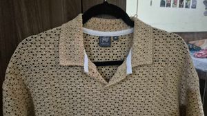 Unisex Beige Crochet Button-Up Top
