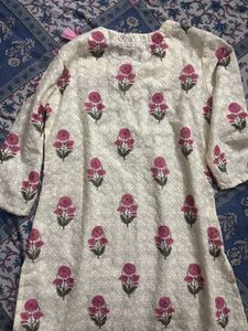 White kurta with pink floral print