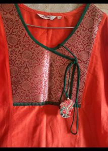 Orange Kurta with Brocade Neckline