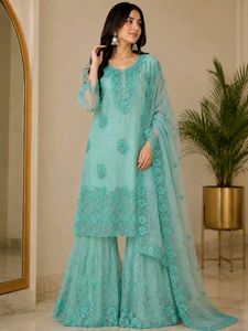 Stunning Teal Kurta Set with double layer Sharara