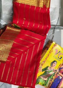 Vibrant Red Saree with Gold Stripes