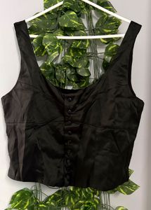 Black Satin Button-Up Corset Top