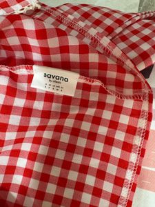 savana Red Gingham Puff Sleeve Top with Bow