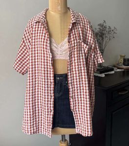 brown and white ghingham shirt