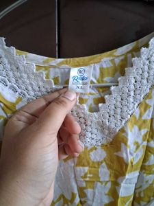 Yellow Floral Kurta with White Lace Detail