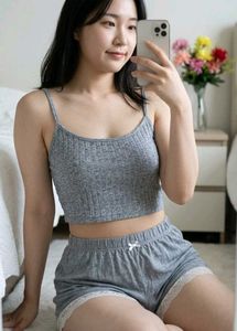 Cozy Grey Ribbed Cami & Lace Trim Shorts Set