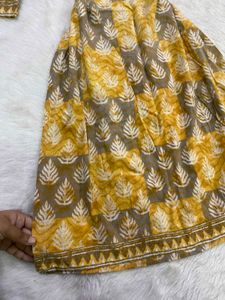 Mustard Yellow &amp; Grey Block-Printed Kurti Set