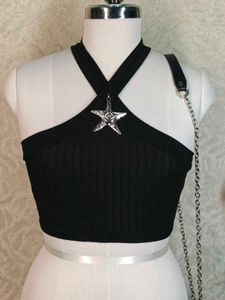 Black Ribbed Halter Neck Crop Top with Star Charm