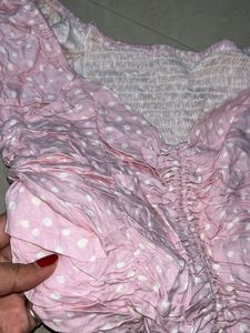 Pink Polka Dot Ruched Crop Top