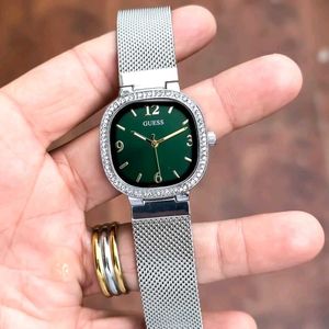 Guess Silver &amp; Green Crystal Watch