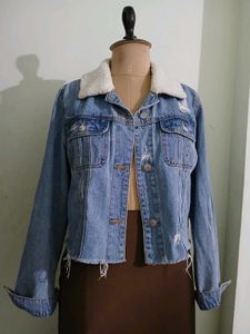 Distressed Denim Jacket with Sherpa Collar