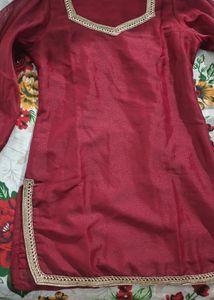 Maroon Kurta Set with Embellished Neckline