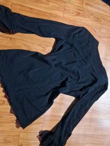 Black Long Sleeve Top with Ruffle Trim