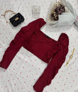 ZARA Chic Burgundy Ruched Crop Top