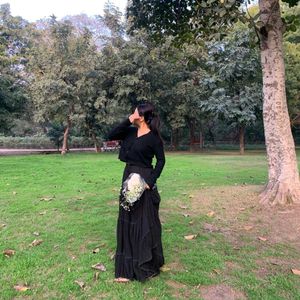 Black Tiered Maxi Skirt with Cardigan Set