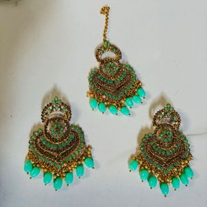 Mint Green Earrings &amp; Maang Tikka Set