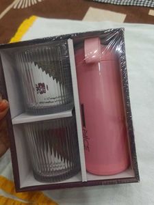 Stylish Pink Water Bottle &amp; Glass Set