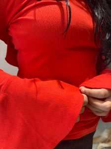 Red Bell Sleeve Ribbed Top