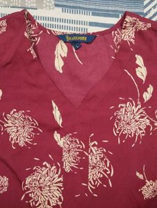 Maroon Floral Print Flared Sleeve Dress