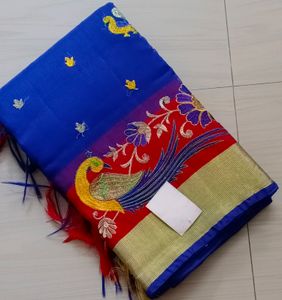 09)Blue Designed Silk Blend Saree