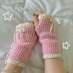 Pink Crochet Fingerless Gloves with bow