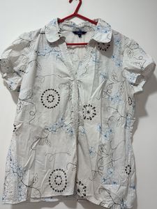 White Embroidery Floral Print Shirt