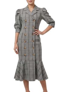 Korean Plaid Double-Breasted Midi Dress