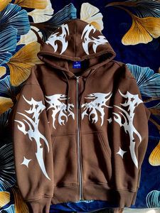 Brown Zip-Up Hoodie with Tribal Print
