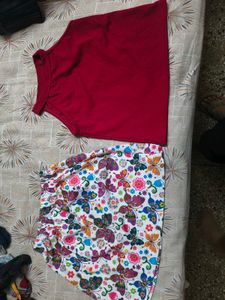 Cute Butterfly Print Skirt &amp; Red Top Set